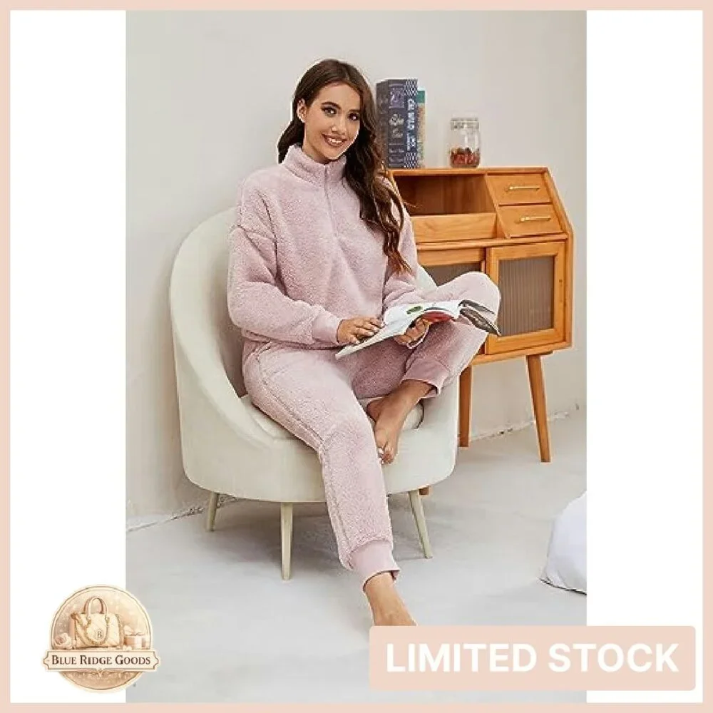 Cozy Fleece Pajama Set Zip-Up Hoodie Lounge Pants Warm Sleepwear